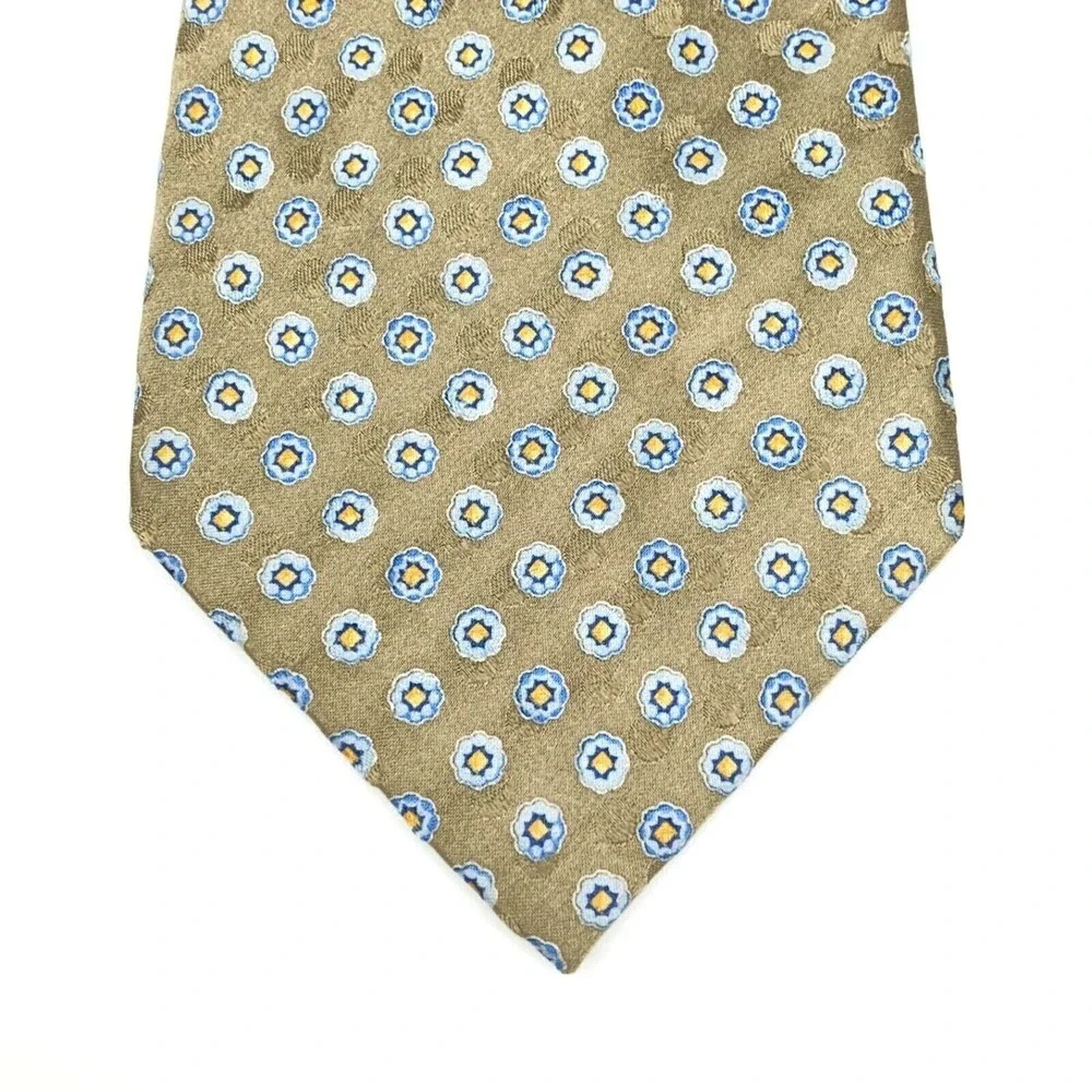 JOS A BANK Tie Grayish Beige Blue Yellow Floral 100% Silk Hand-sewn Necktie 59